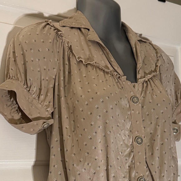 Silk Neutral Button-Up Blouse with Ruffle - Picture 6 of 9